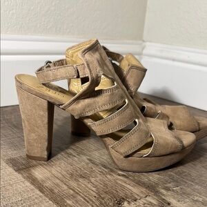 Tan Block Heel Sandals with Crisscross Straps